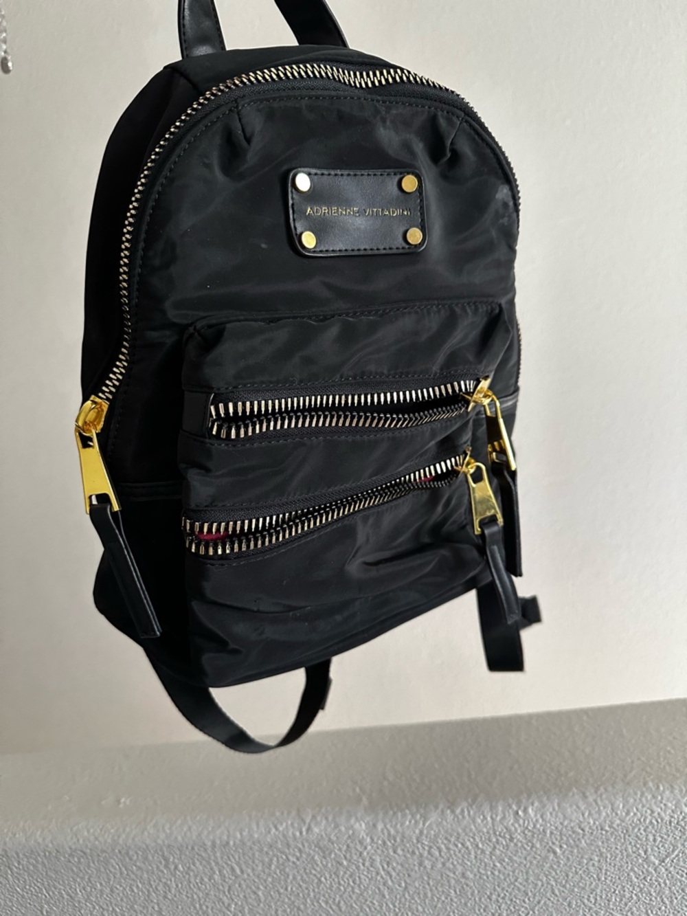 Adrienne Vittadini Black Nylon Backpack with Gold Zippers